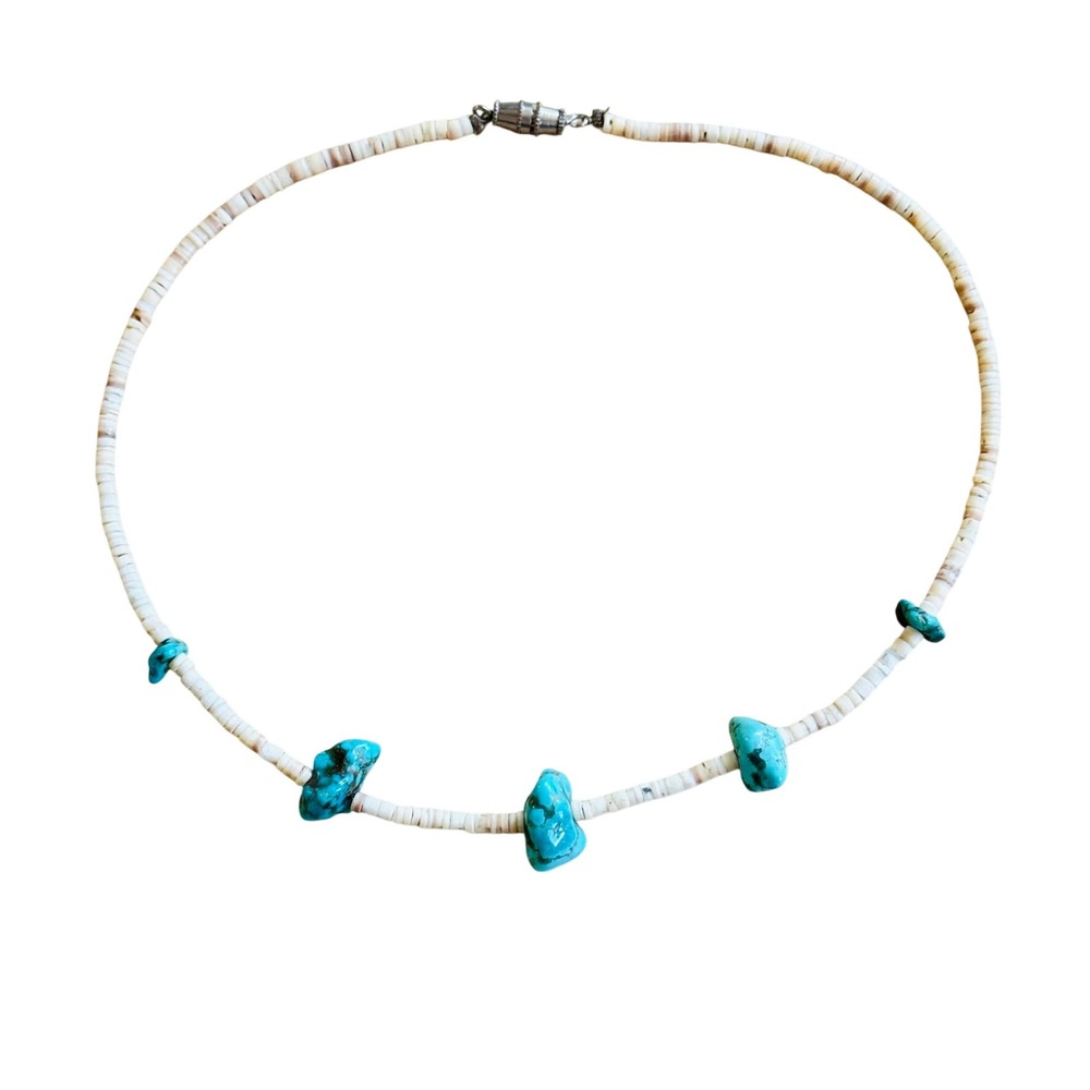 VTG Navajo Blue Nugget Turquoise Necklace Native American Heishi Shell Choker